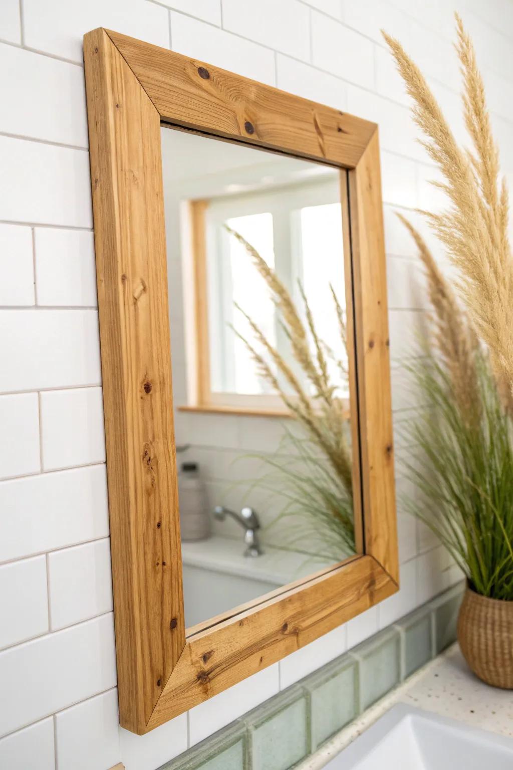Chunky knotty pine mirror frame: a quick DIY that makes your bathroom feel custom and warm.