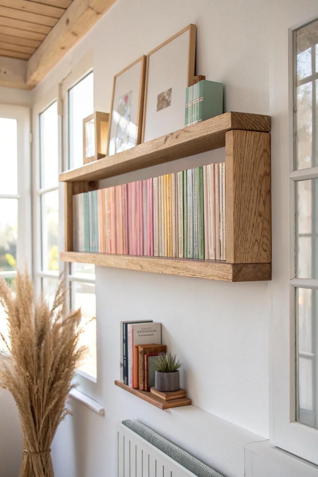 Soft rainbow K‑pop album spines on a handcrafted oak shelf—minimal, cozy, and so satisfying.