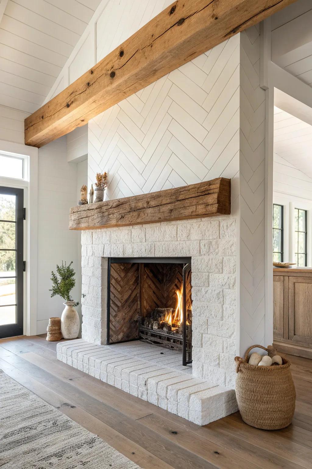 Chunky reclaimed wood mantel wrapping an L-shaped fireplace—knots, grain, and warm glow.