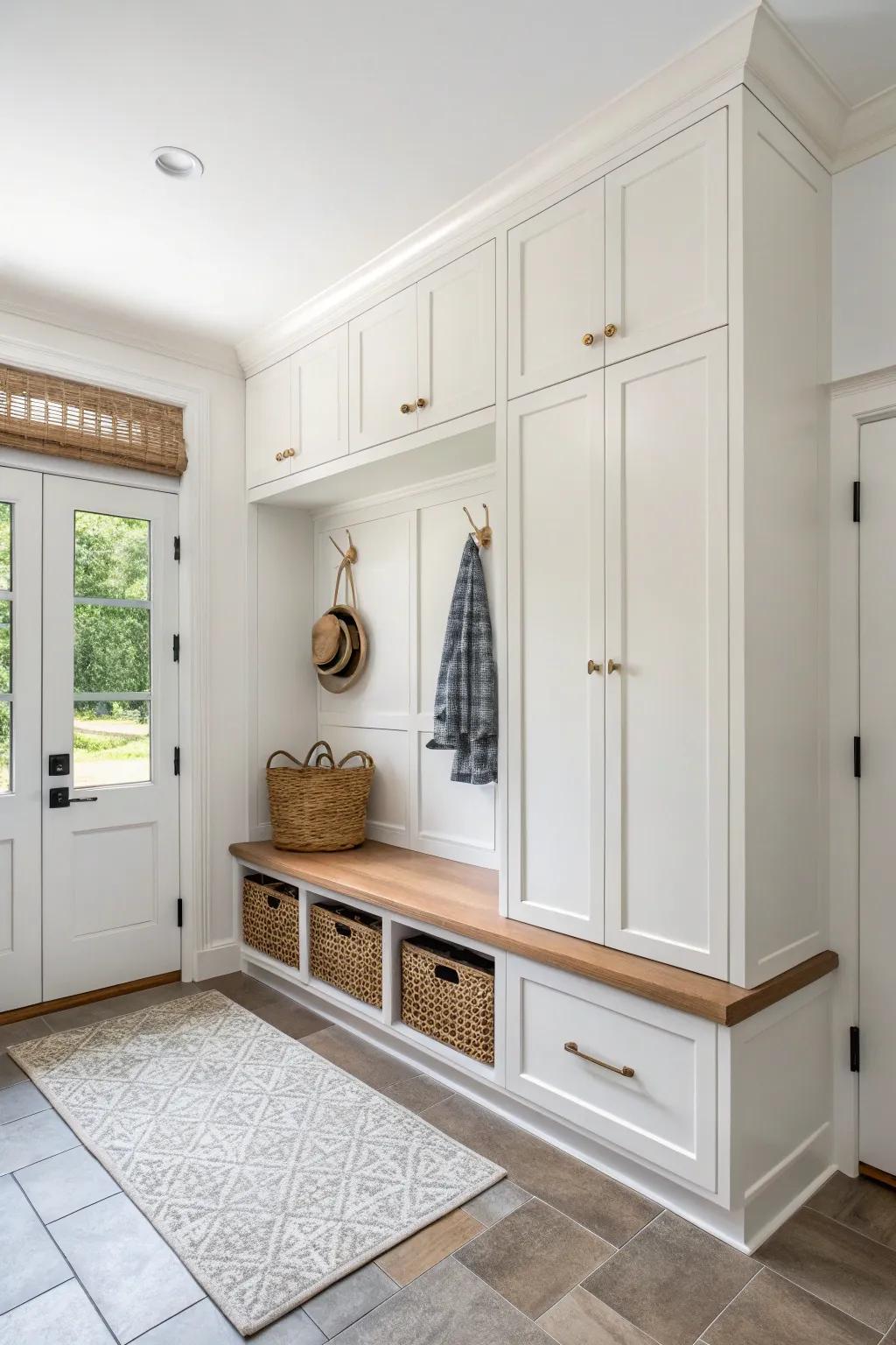Closed cabinets up top, warm wood bench below—an L-shaped mudroom that hides the chaos.