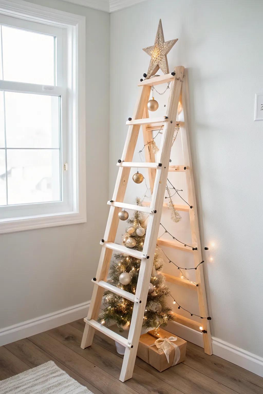 Corner-saving skinny ladder tree: handmade from 1x2s, softly lit, minimal and cozy.