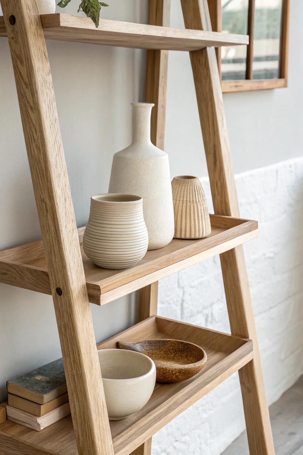 Neutral matte ceramics on a warm wood ladder shelf for a calm, clean farmhouse feel.