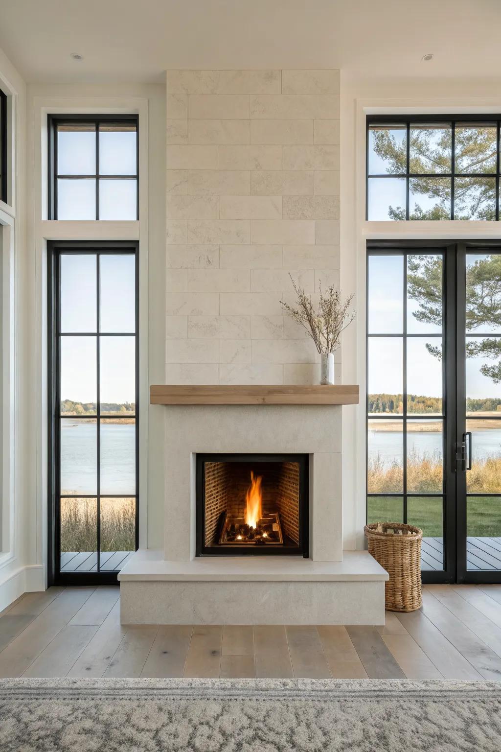 A glowing plaster fireplace framed by twin windows—flames inside, lake view outside.