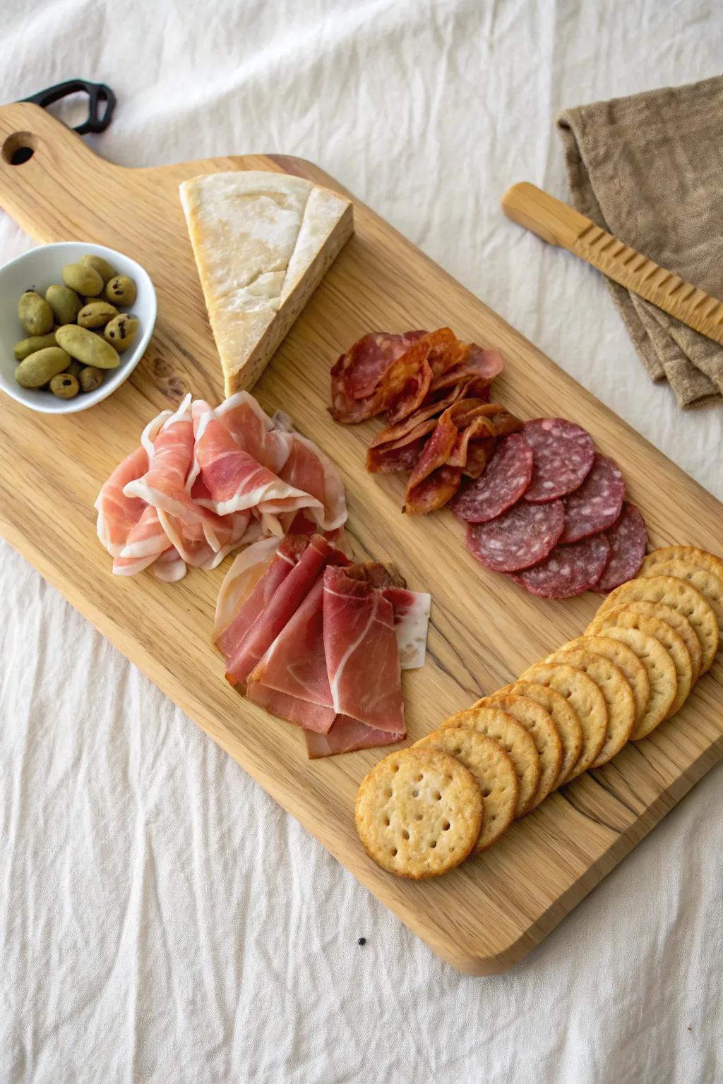 A luxe “river” of folded meats down a large wooden board—simple, dramatic, and elegant.