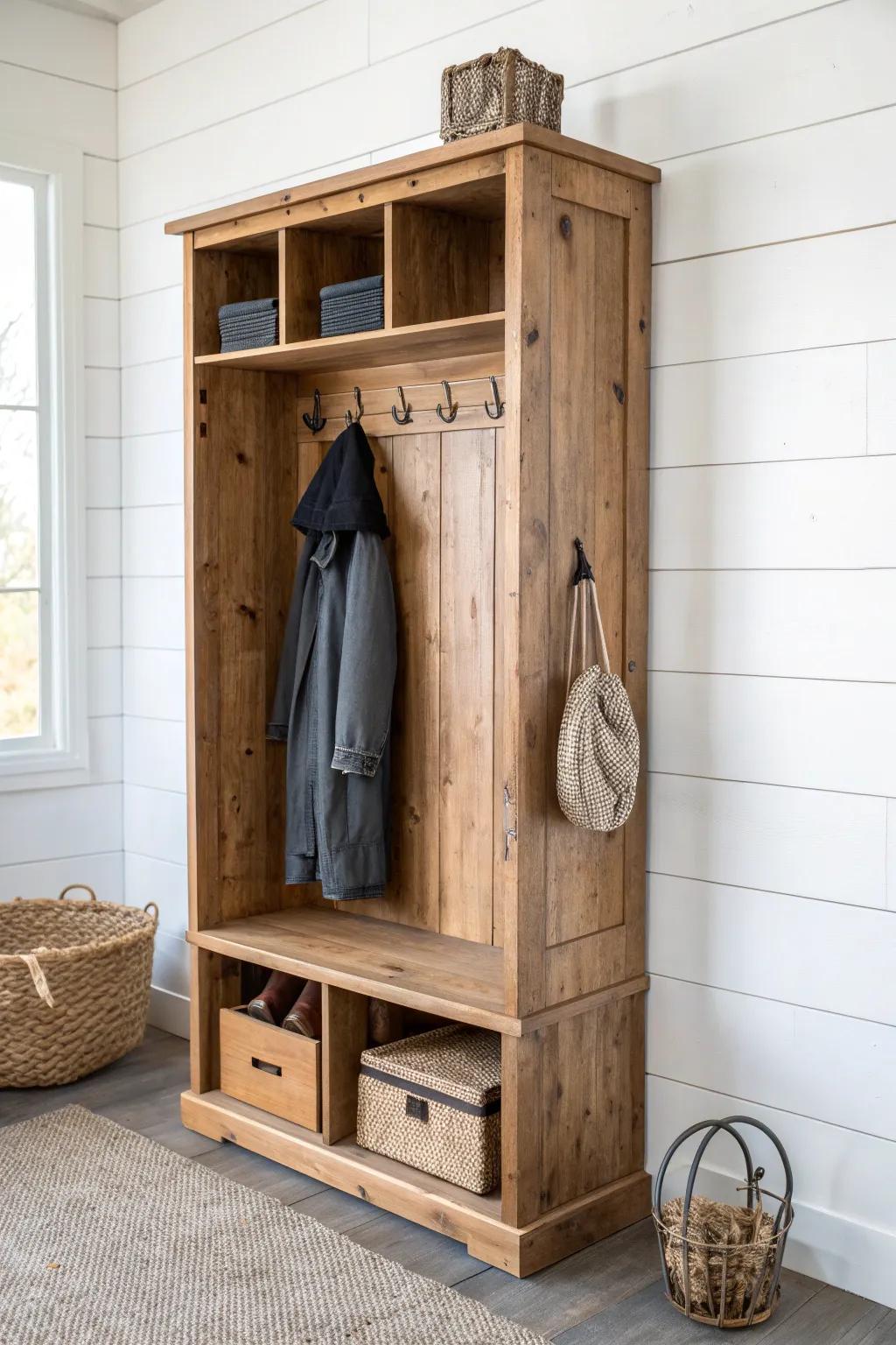 Locker-style reclaimed wood wall cubby with a sleek coat hook—custom laundry room vibes.