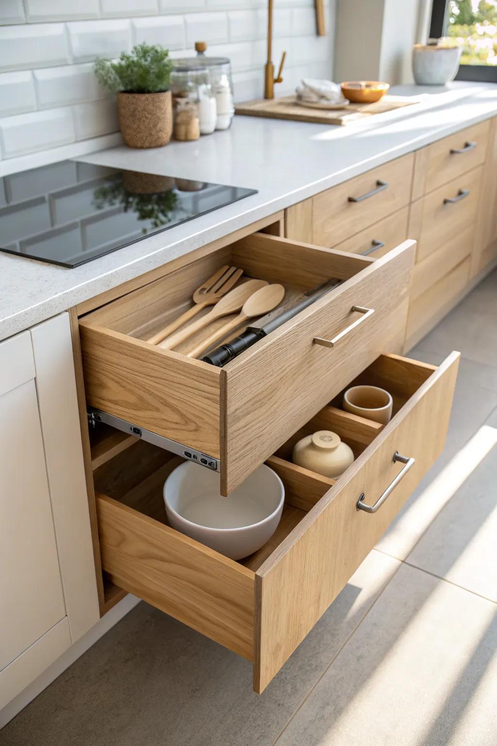 Angled corner drawers replace lazy susans with sleek, easy-access storage in every inch.