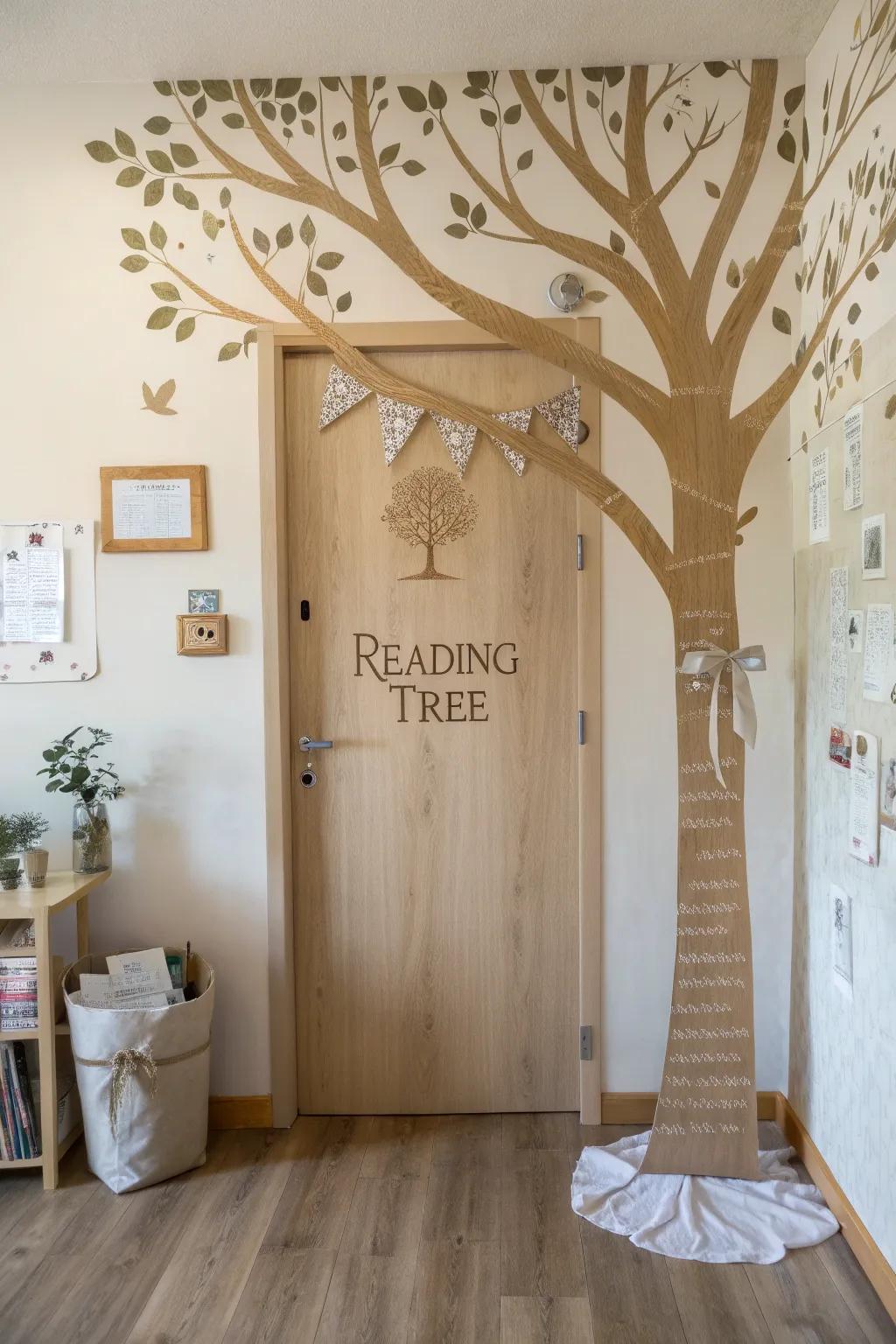 Turn your library door into a handcrafted book-leaf tree—simple, cozy, and inspiring.