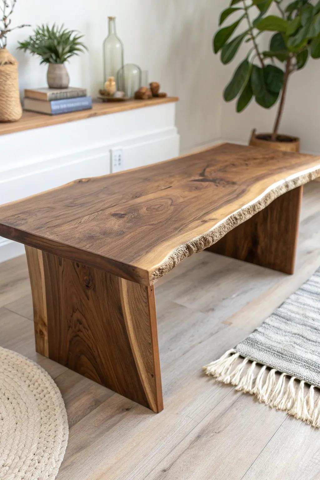A live edge waterfall coffee table where the grain wraps down the sides like art.