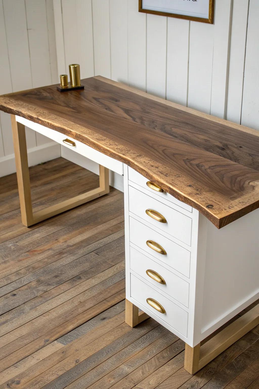 Floating live edge desk on drawer pedestals—minimal Scandinavian lines, warm boho texture.
