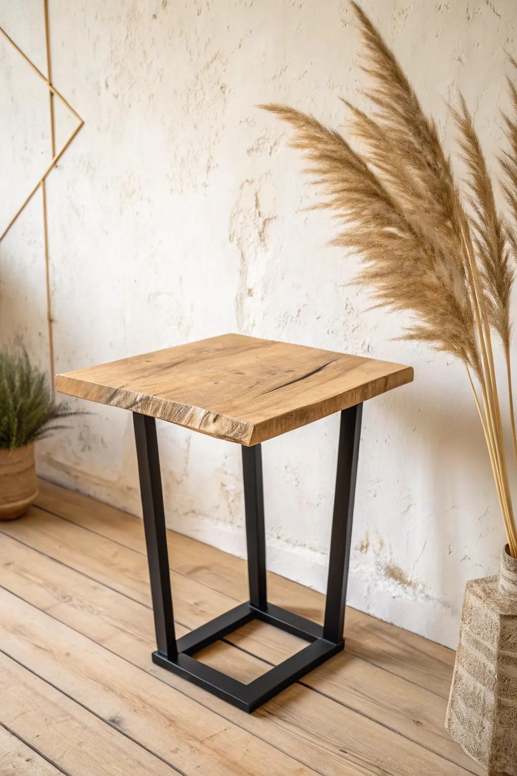 Slim live-edge oak on a U-base: airy minimalist end table with warm, crafted beauty.