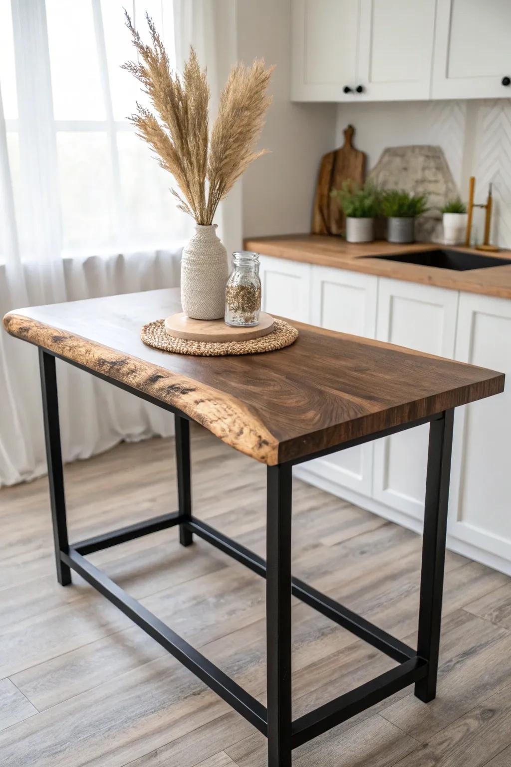 Warm live-edge walnut meets a sleek black steel frame—industrial contrast, airy Scandinavian calm.