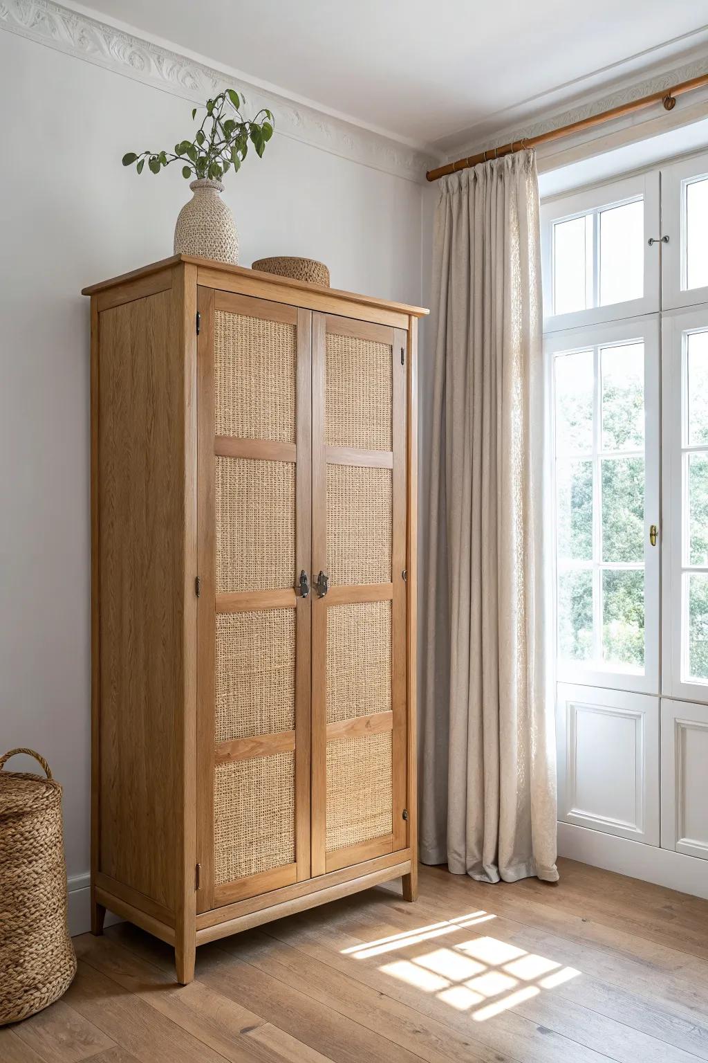 Turn an awkward corner into beautiful vertical storage with a tall, minimalist armoire.