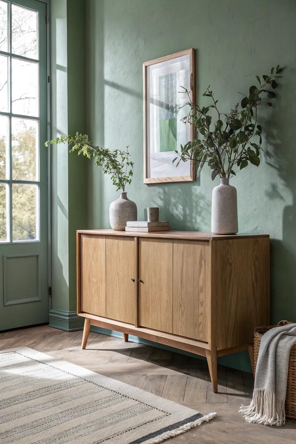 Sage green feature wall + warm oak sideboard: a fresh, calm mix with linen and botanicals.