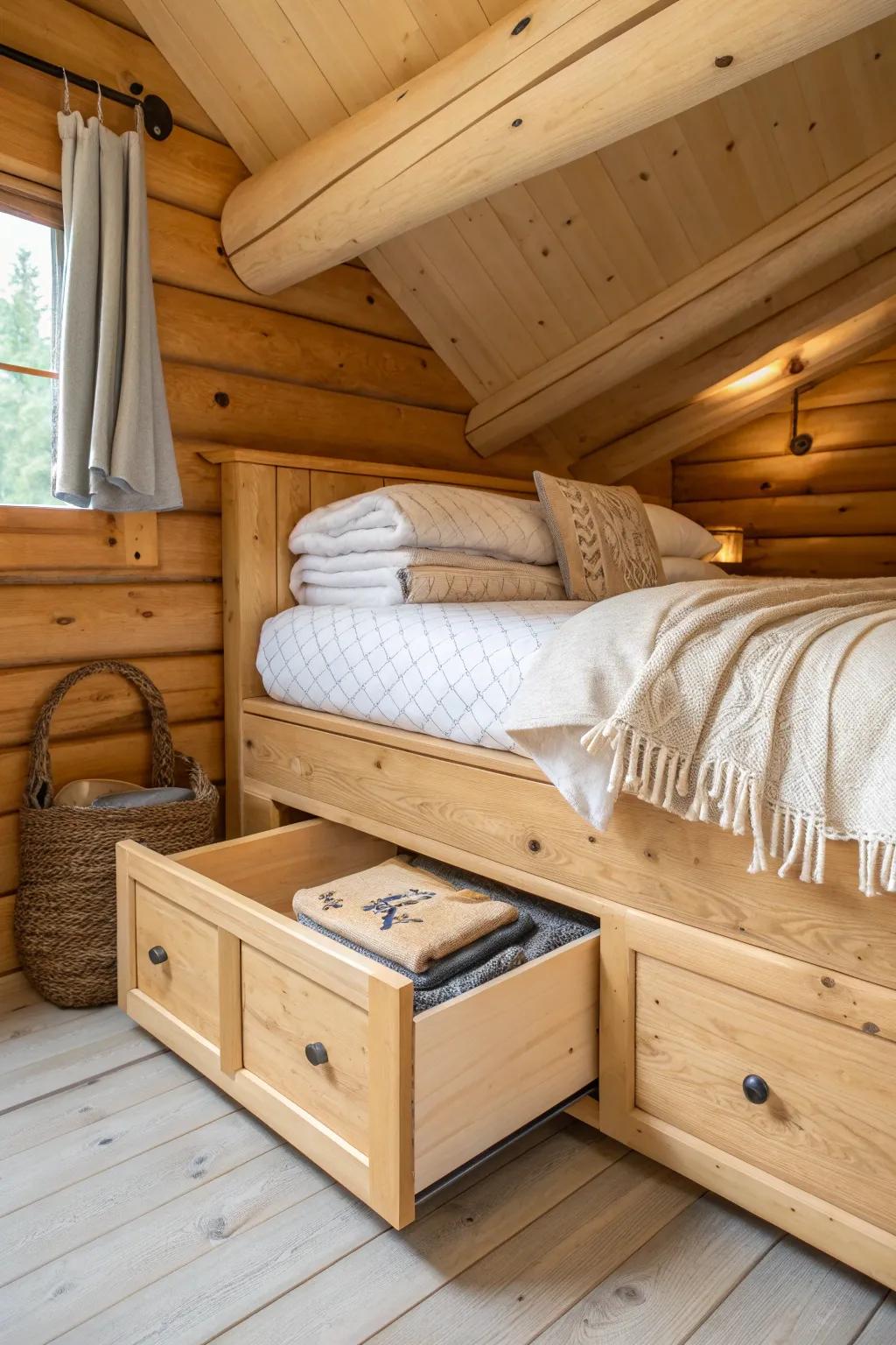 Under-eave drawer magic—hidden knee-wall storage that keeps your loft calm and clutter-free.