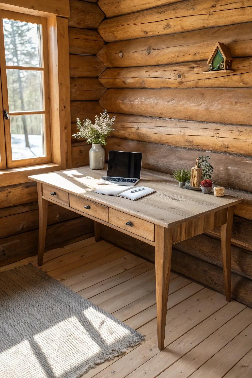 A reclaimed-wood L-shaped desk that fits the cabin corner and doubles your workspace.