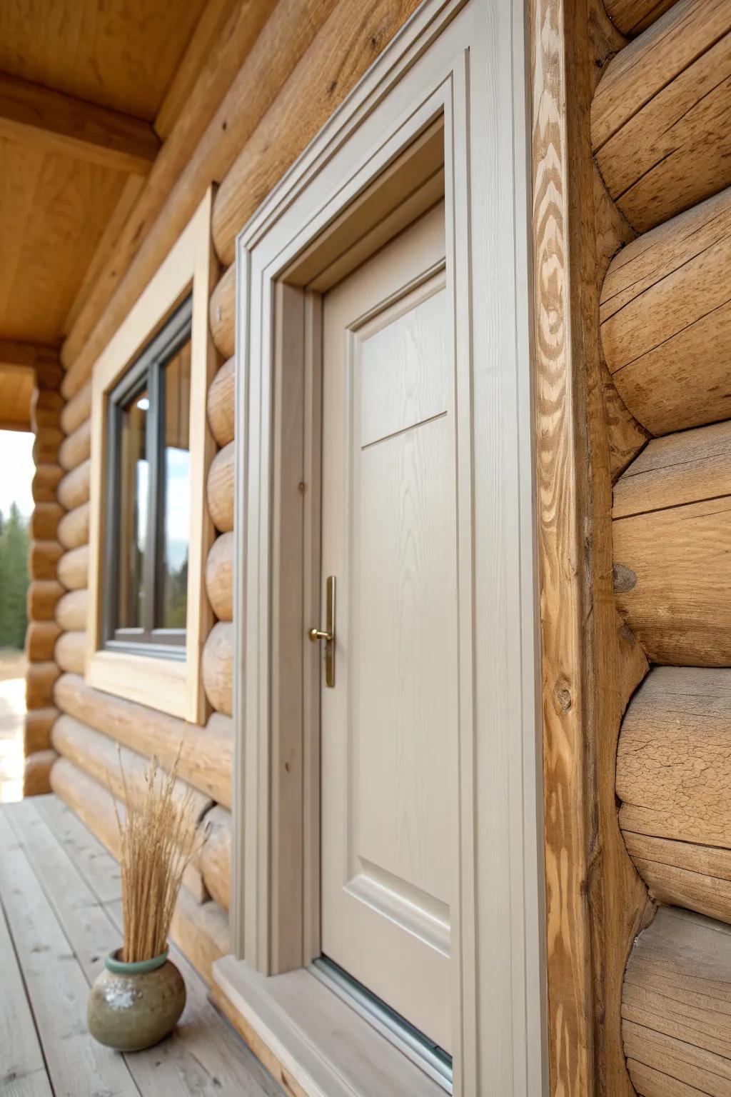 Warm greige trim adds calm freshness while making log cabin wood tones look richer.