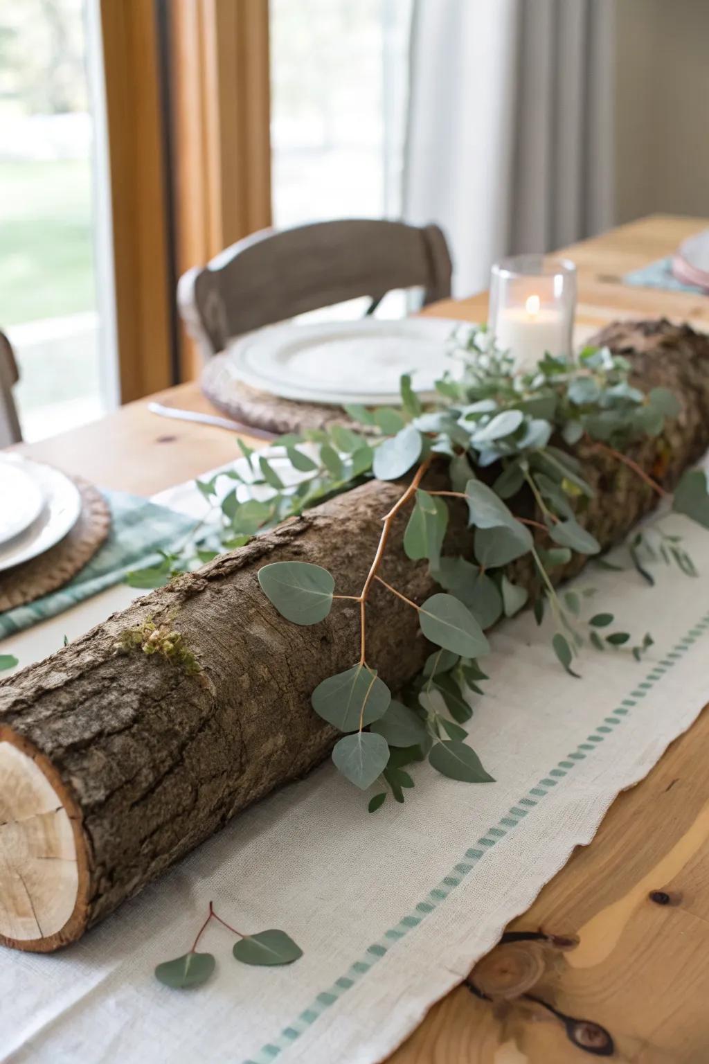 Bark-on log centerpiece with eucalyptus—simple, fresh, and naturally Scandinavian.