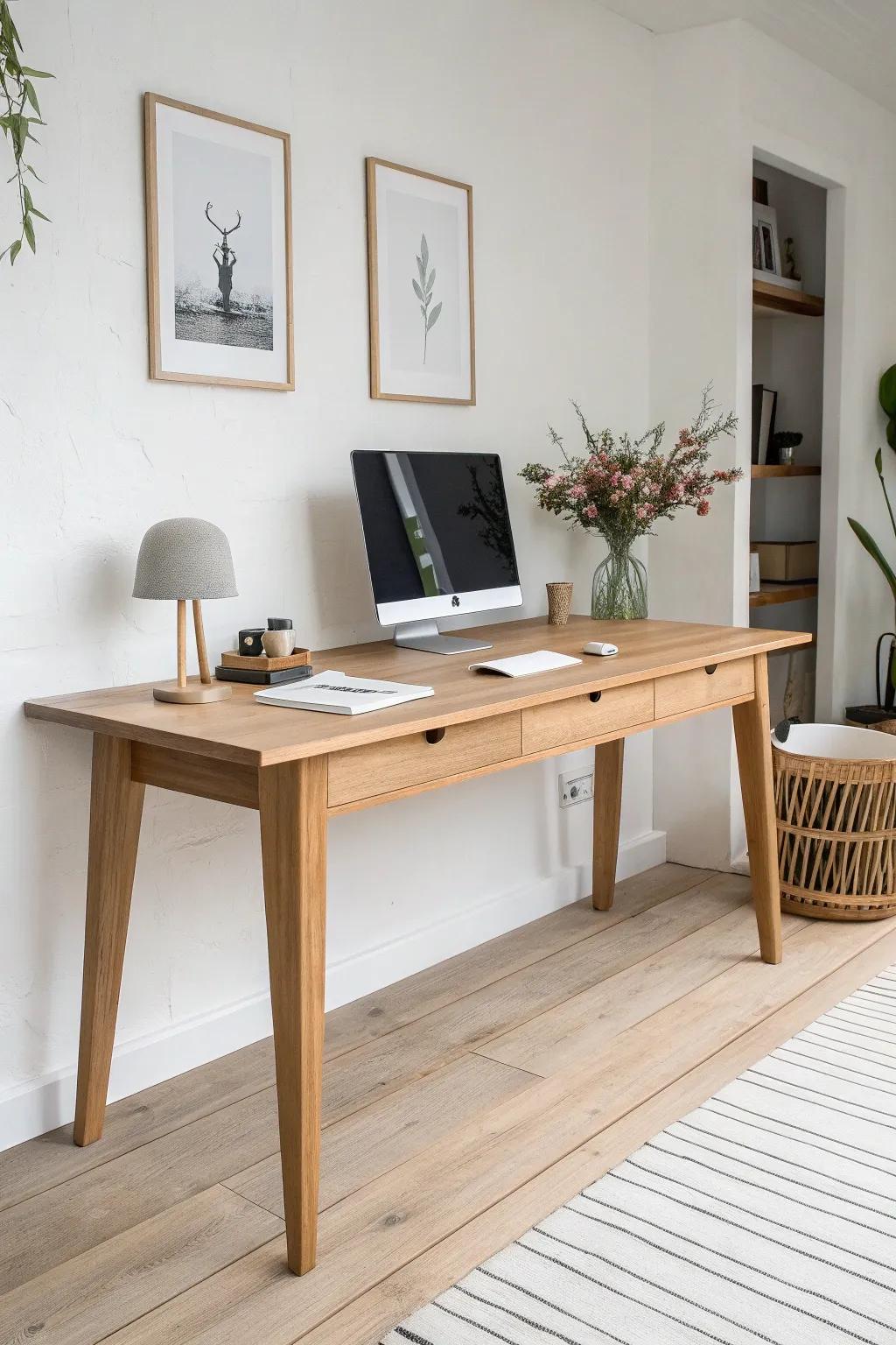 A long shared desk with two calm work zones and a hidden cable lane—minimal, warm, tidy.
