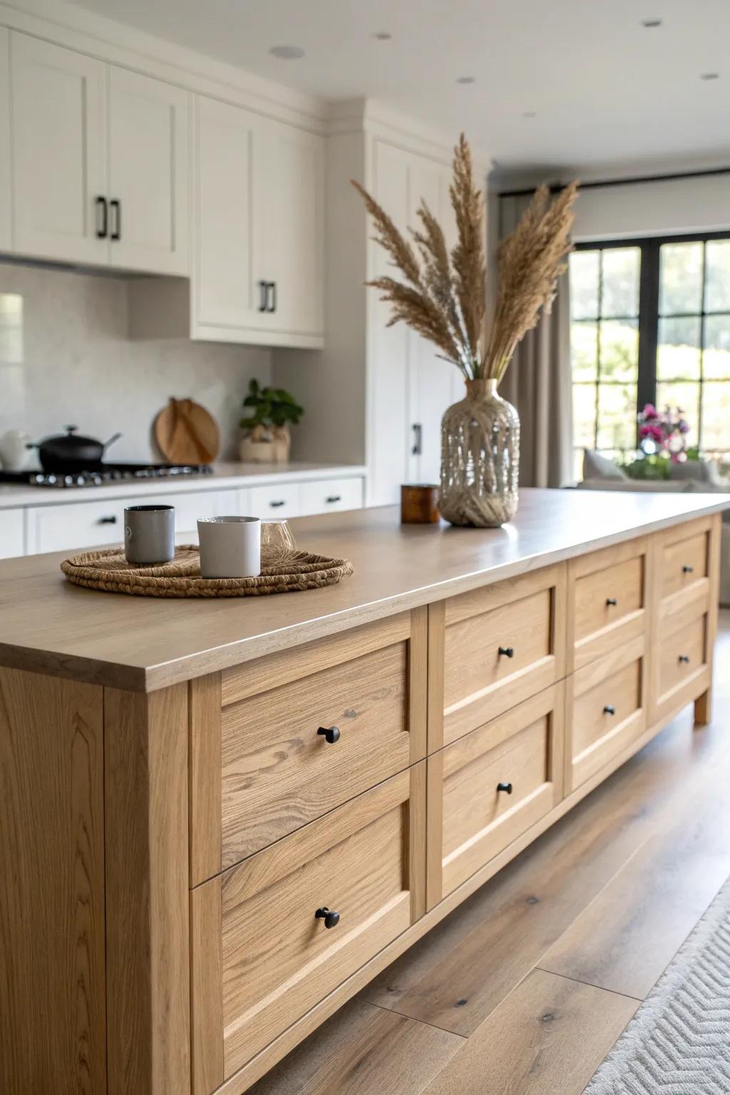 Align the island with the longest wall for calm sightlines and a custom, tailored long kitchen.