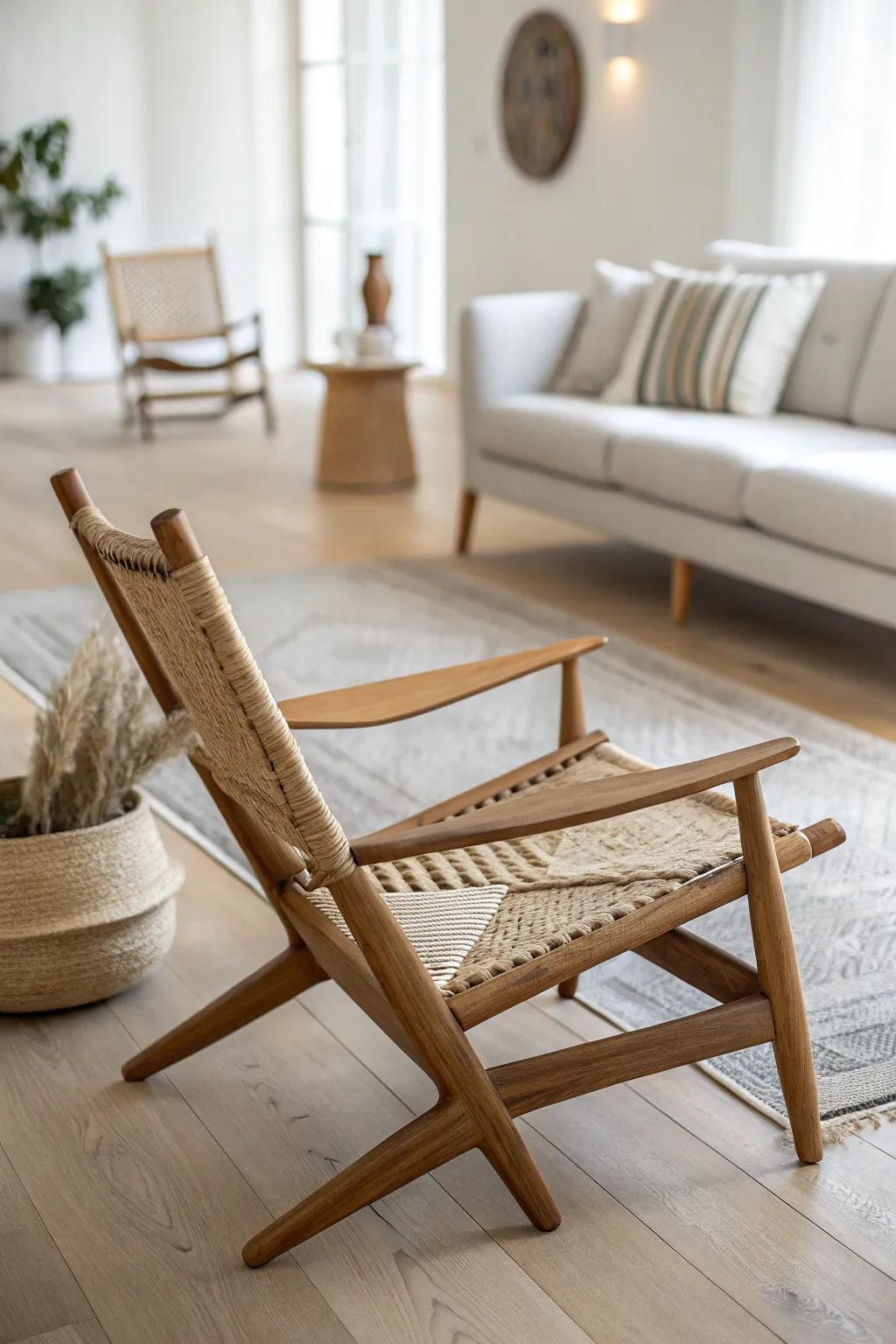 A matching chair moment: anchor the long room with a cozy conversation-circle seat.