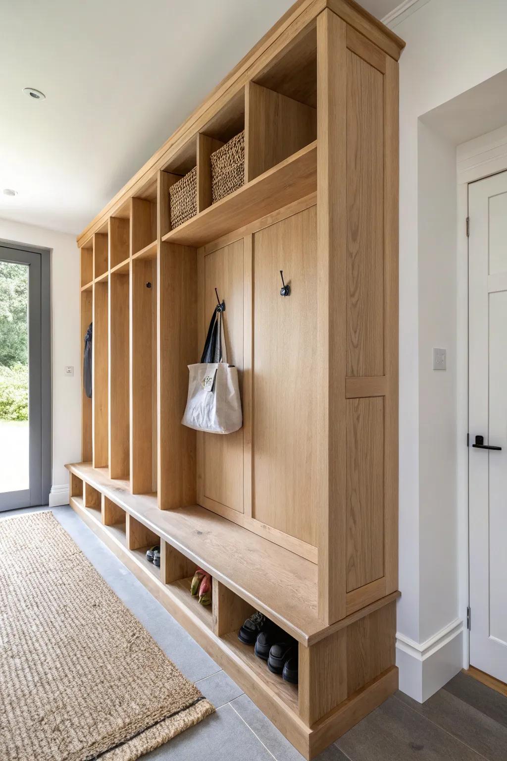 Slim vertical wood dividers give a long narrow mudroom that tidy, custom locker look.