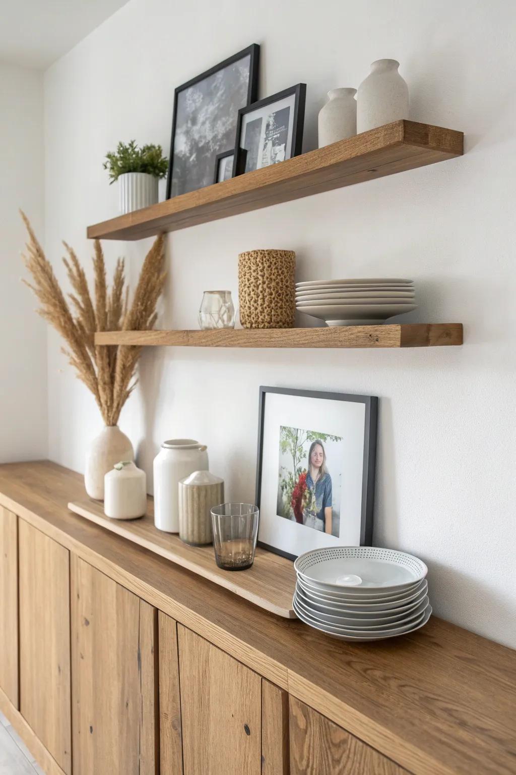 Warm oak dining shelf styling—simple serving pieces and a photo turned into a calm display.