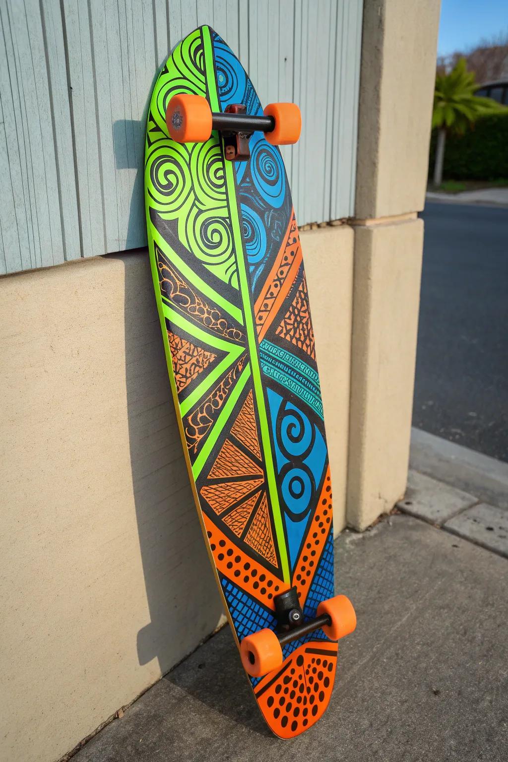 Unleash your creativity with bold colors and patterns on your longboard.