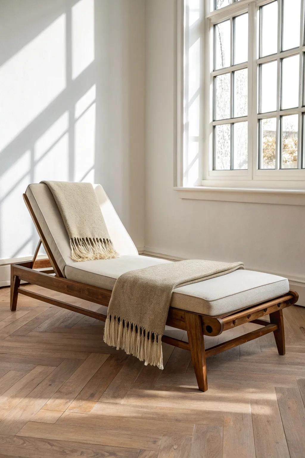 Hardwood-slat chaise lounge—your stretch-out seat that turns the room into an invitation to linger.