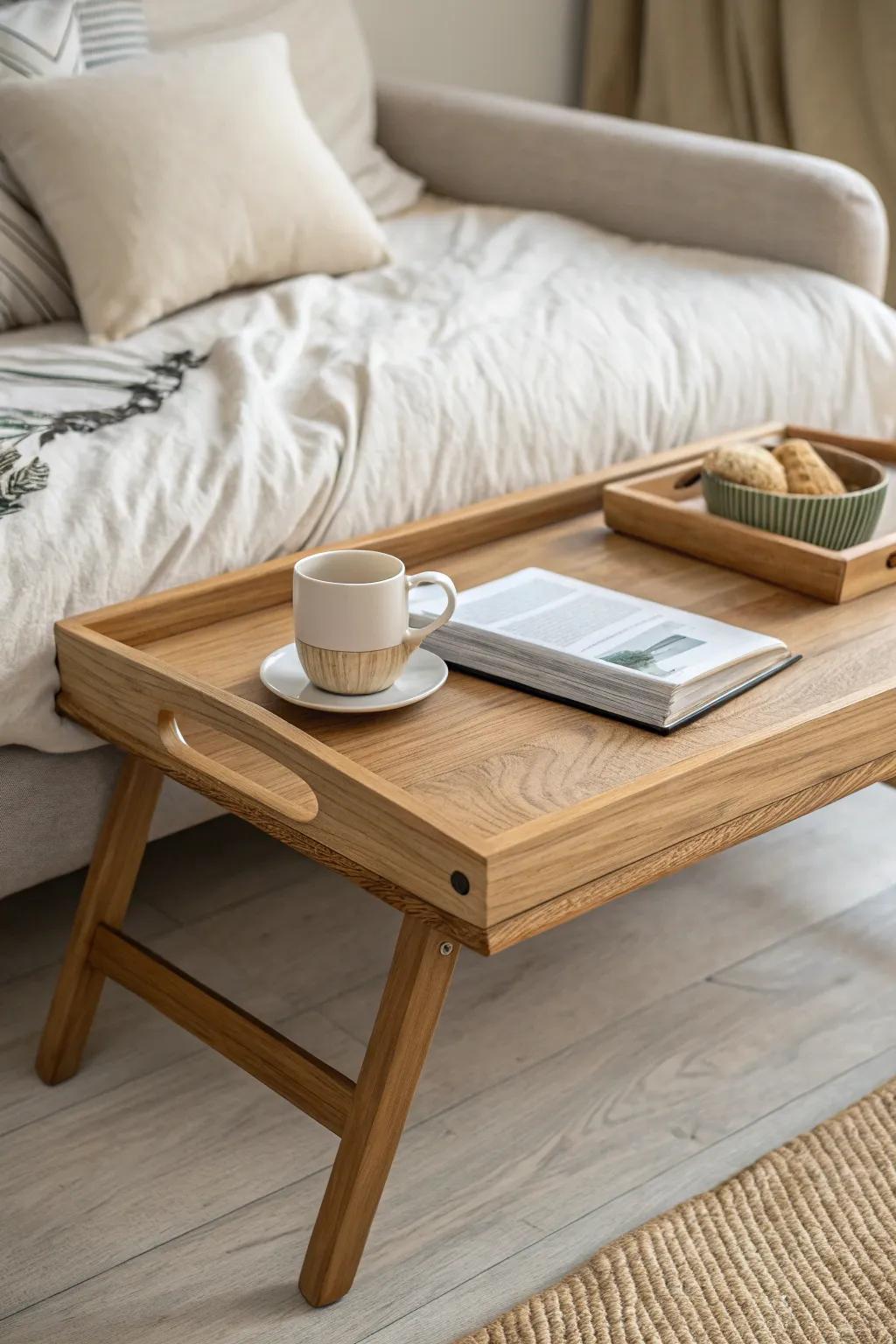 A simple oak tray table turns the end of your bed into a calm mini lounge moment.