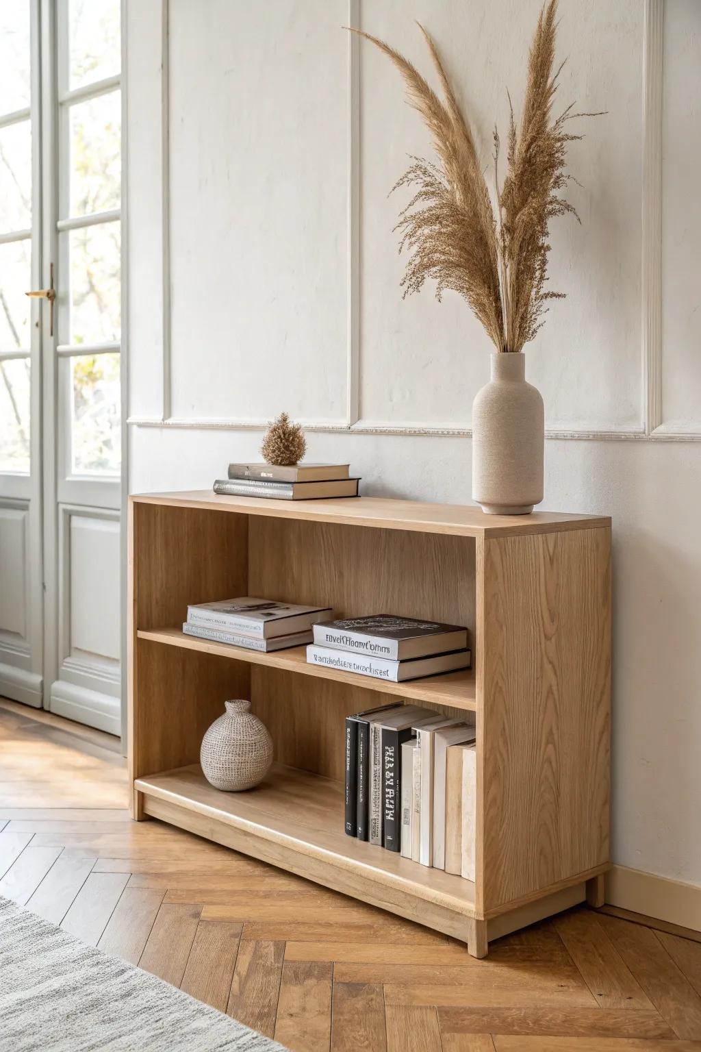 Modern low bookshelf with thin shelves and pale wood—airy, minimal, and easy to style.
