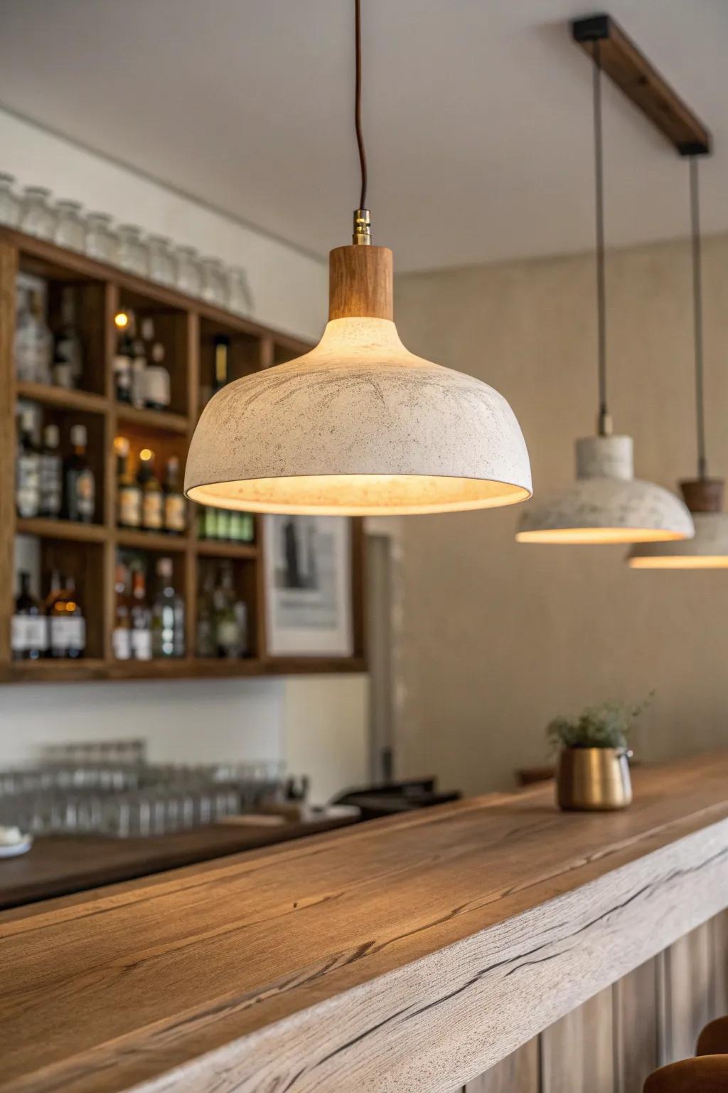 A bold pendant with warm glow turns a walnut basement bar into a true design statement.
