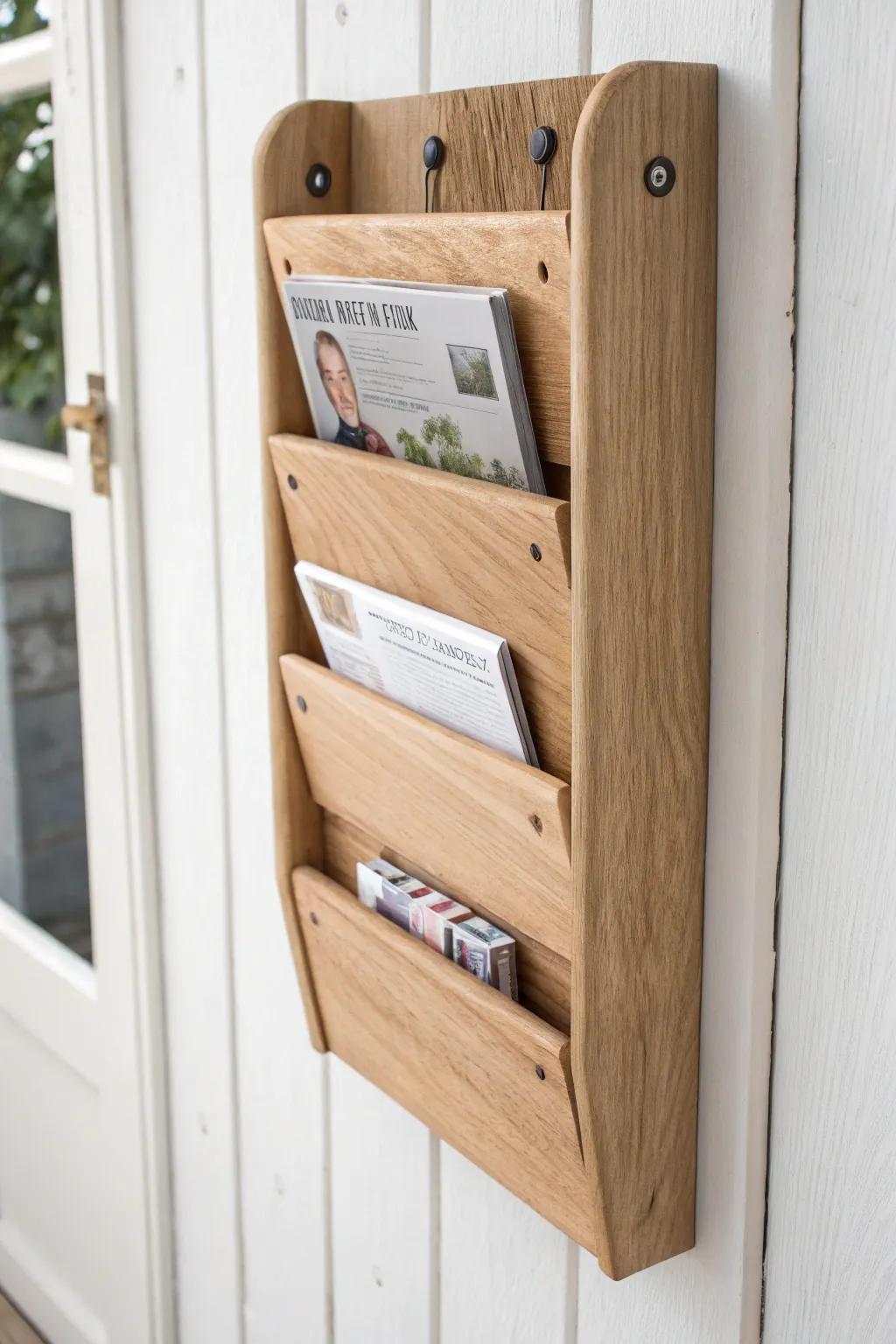 Minimal oak wall pocket keeps magazines off the floor—beautifully crafted and easy to grab.