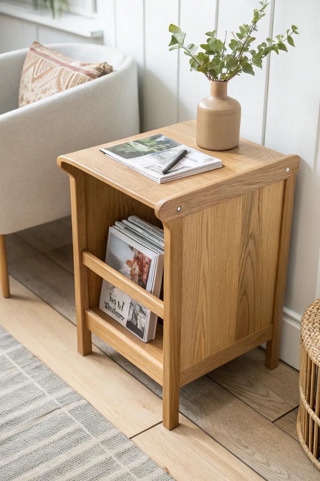 A slim magazine slot turns this end table into a space-saving, beautifully crafted storage spot.