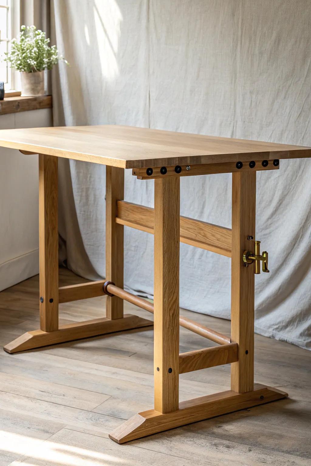 A light-oak crank-lift workstation—beautiful craftsmanship for sitting or standing work.