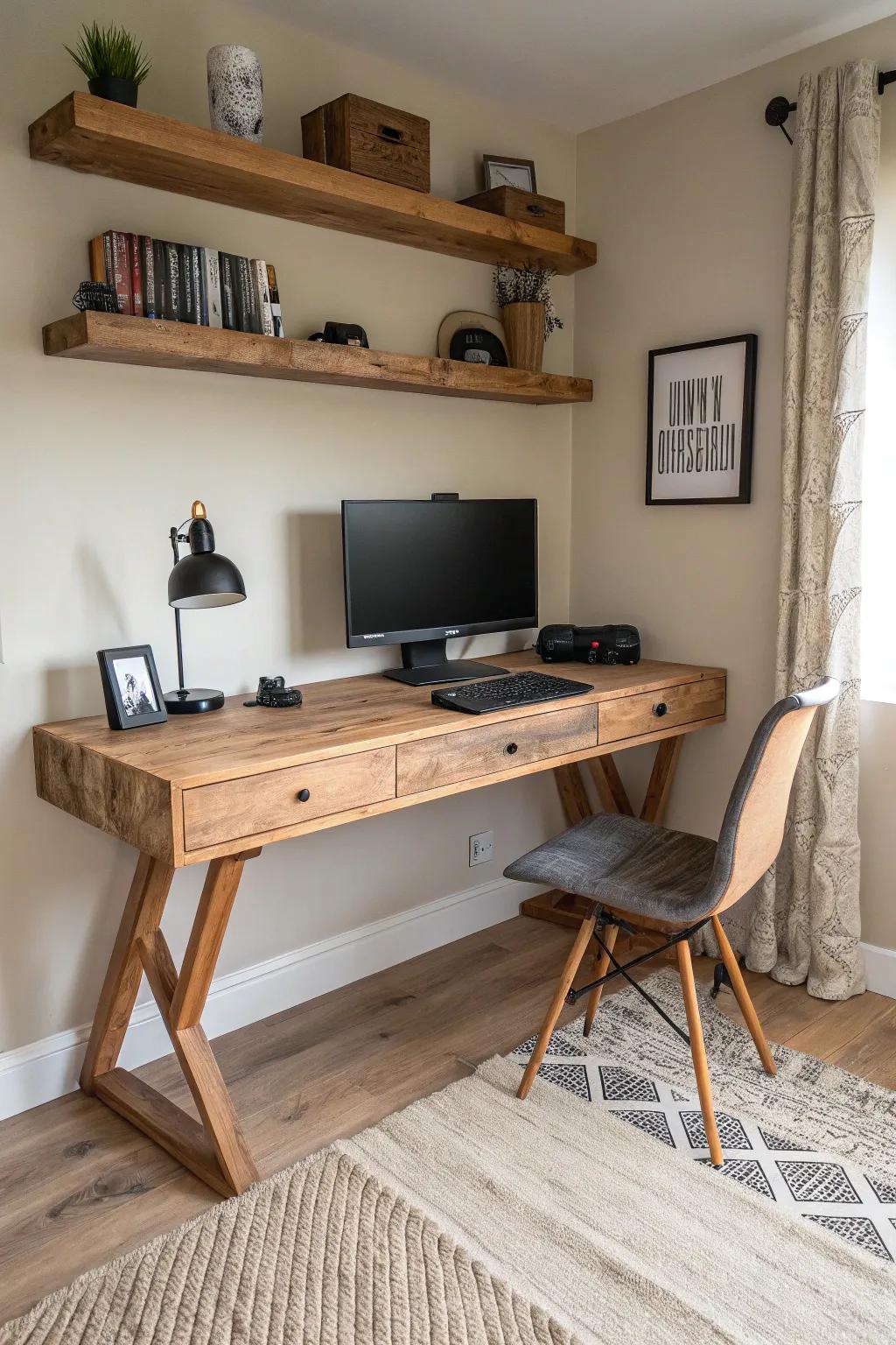 Salvaged-wood floating corner desk with a sleek shelf—compact, calm, and game-ready.