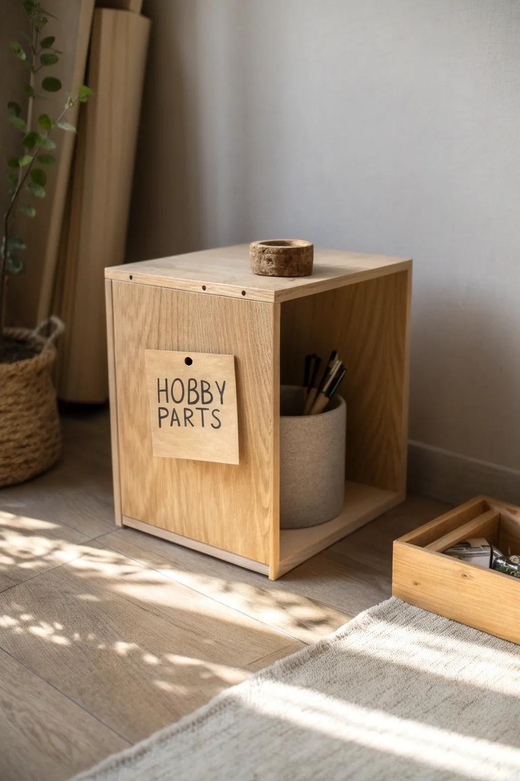 Light oak cube storage with labeled linen bins—clean, calm man cave organization that lasts.