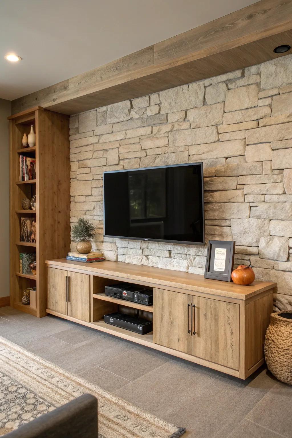Stone + oak media wall: rugged texture, clean lines, and warm lighting for a polished man cave.