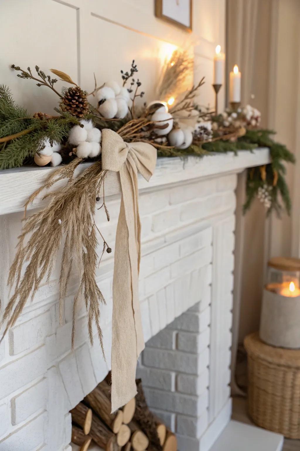 Neutral cotton garland with cream ribbon—soft texture and calm Scandinavian warmth.