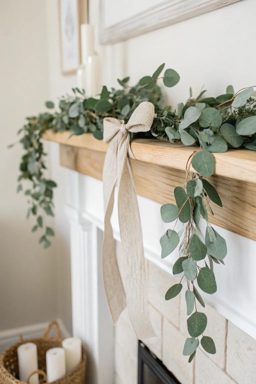 Airy eucalyptus garland with a softly floppy neutral ribbon bow for a calm mantel moment.