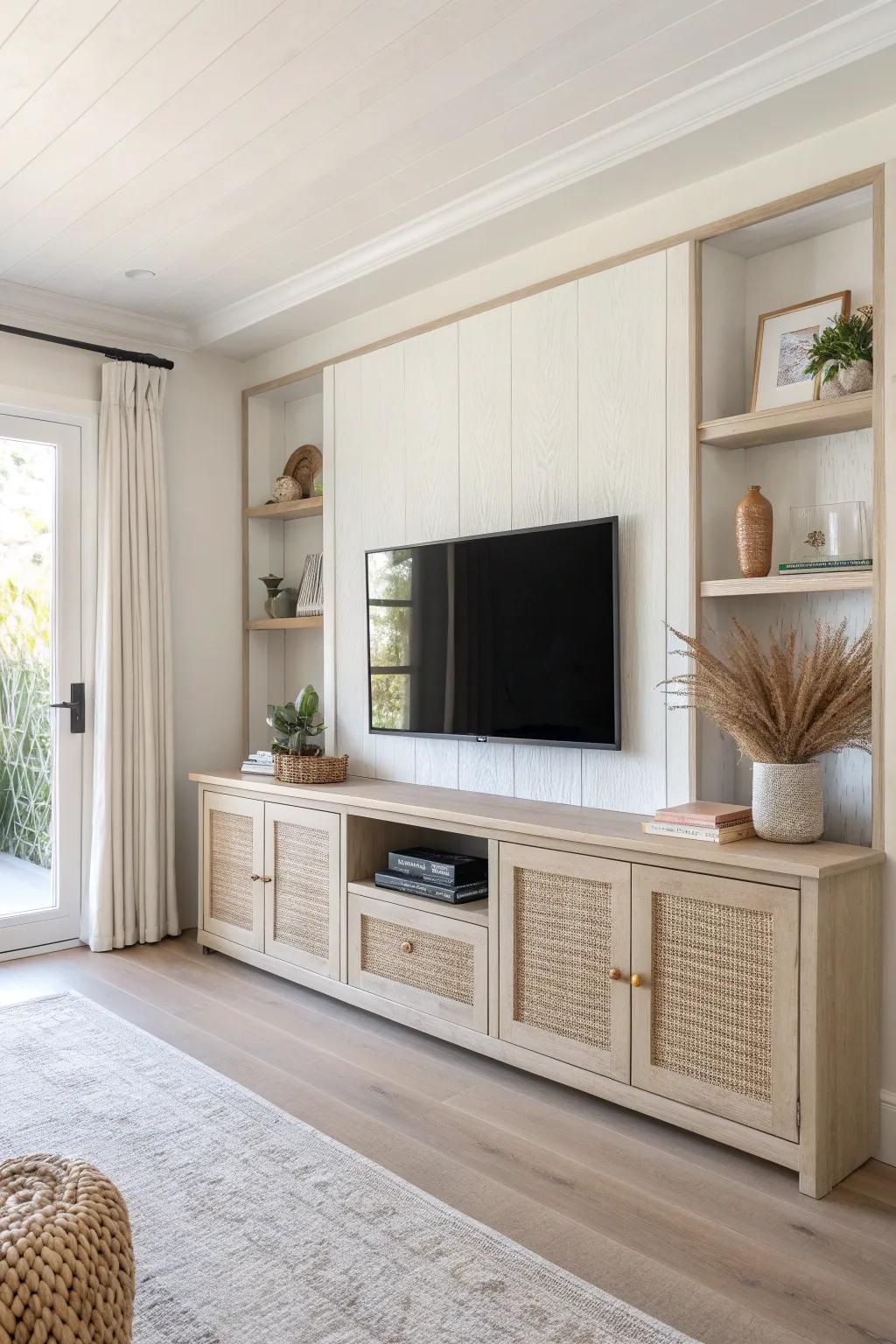White-oak built-ins that frame the screen—sleek shelves up top, hidden storage below.