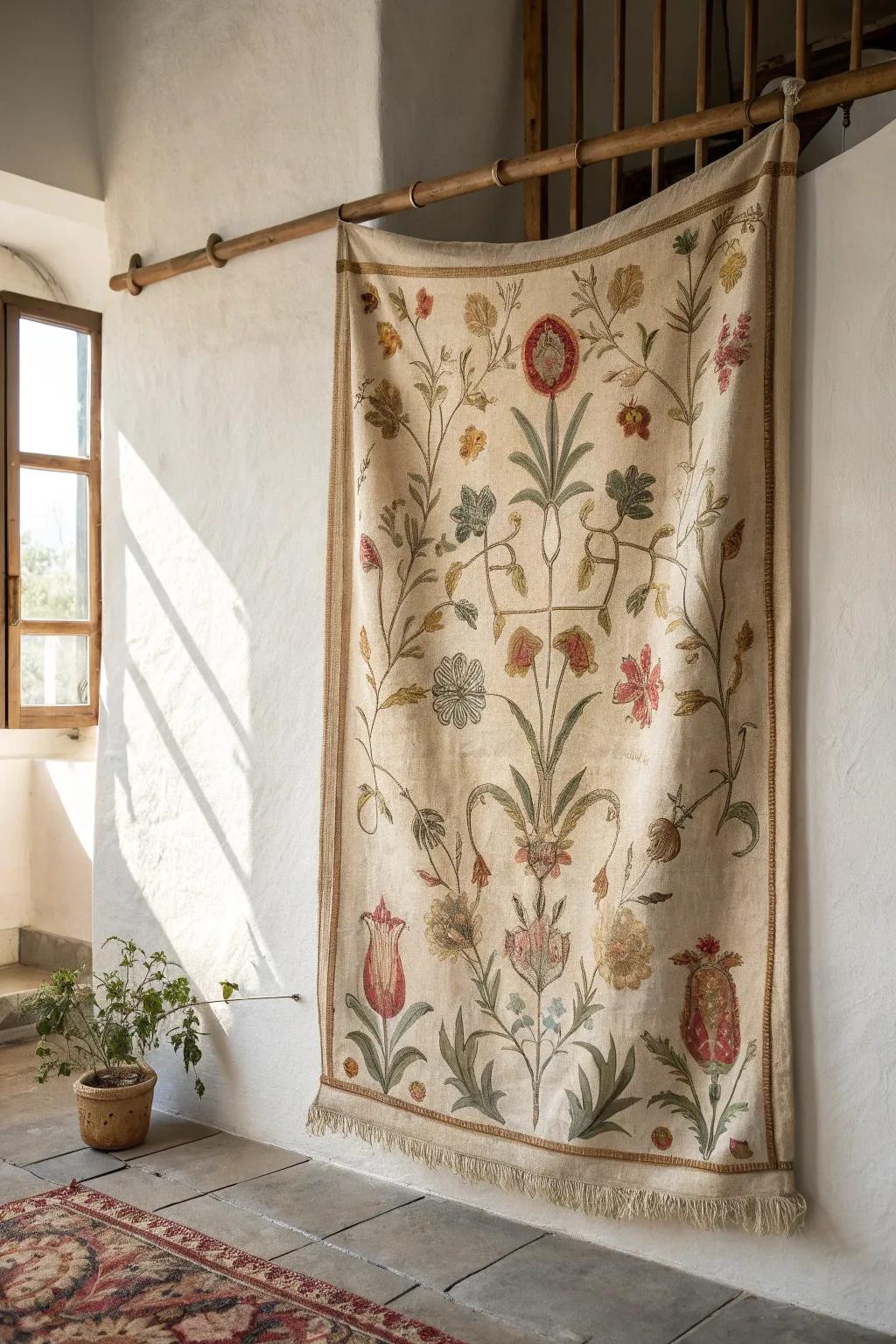 A timeworn wooden rod elevates a medieval tapestry for soft, storybook wall warmth.