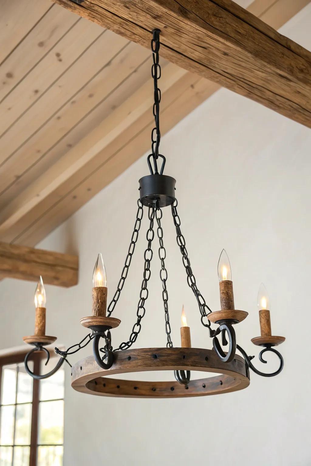 Chain-hung iron-look chandelier with warm candle bulbs—instant medieval glow, modern calm.
