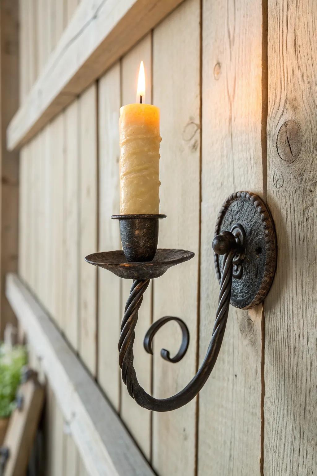 Hand-forged iron sconce + warm candlelight for medieval drama with Scandinavian minimal calm.
