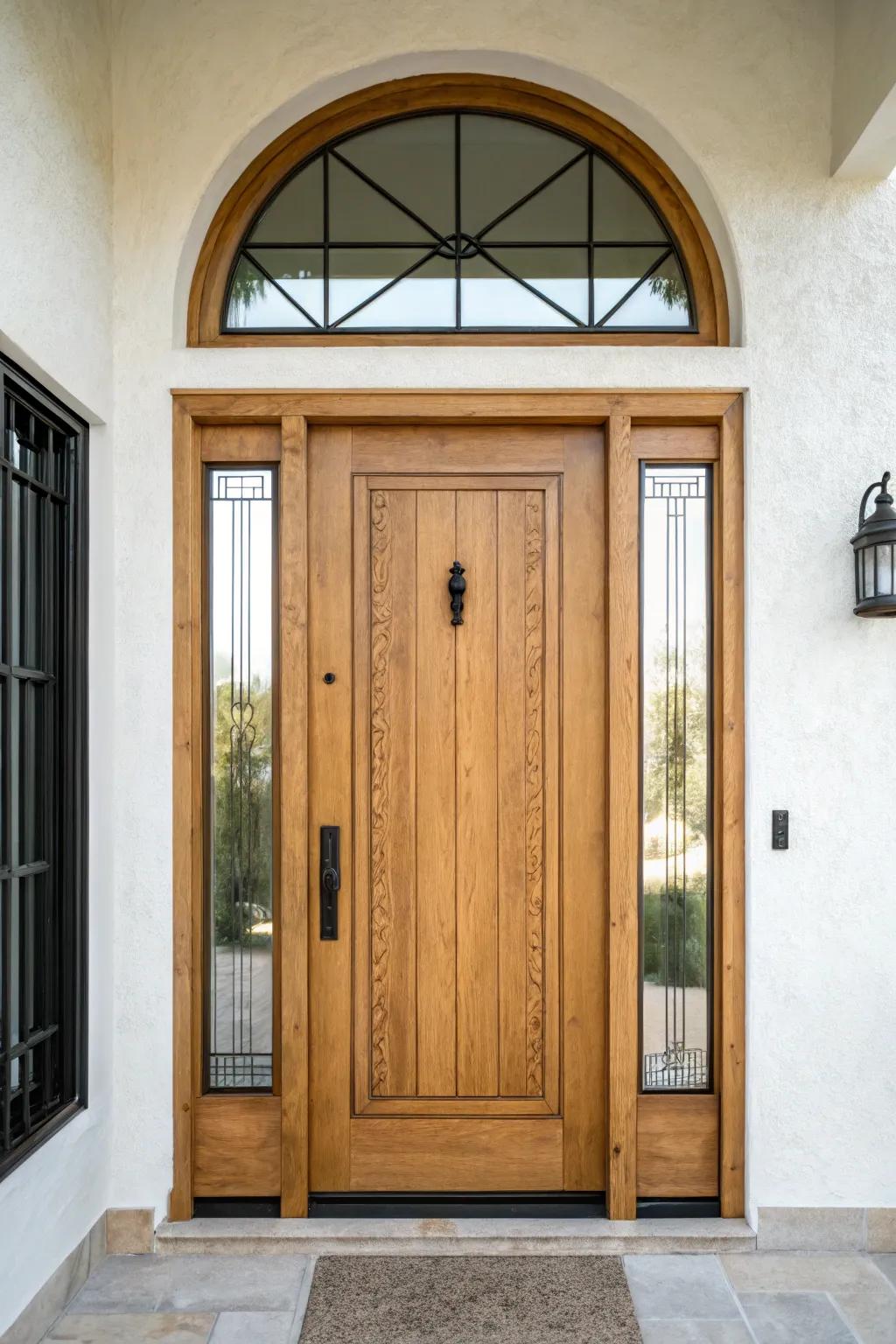 Arched transom + textured sidelights: a taller, welcoming Mediterranean entry with soft private glow.