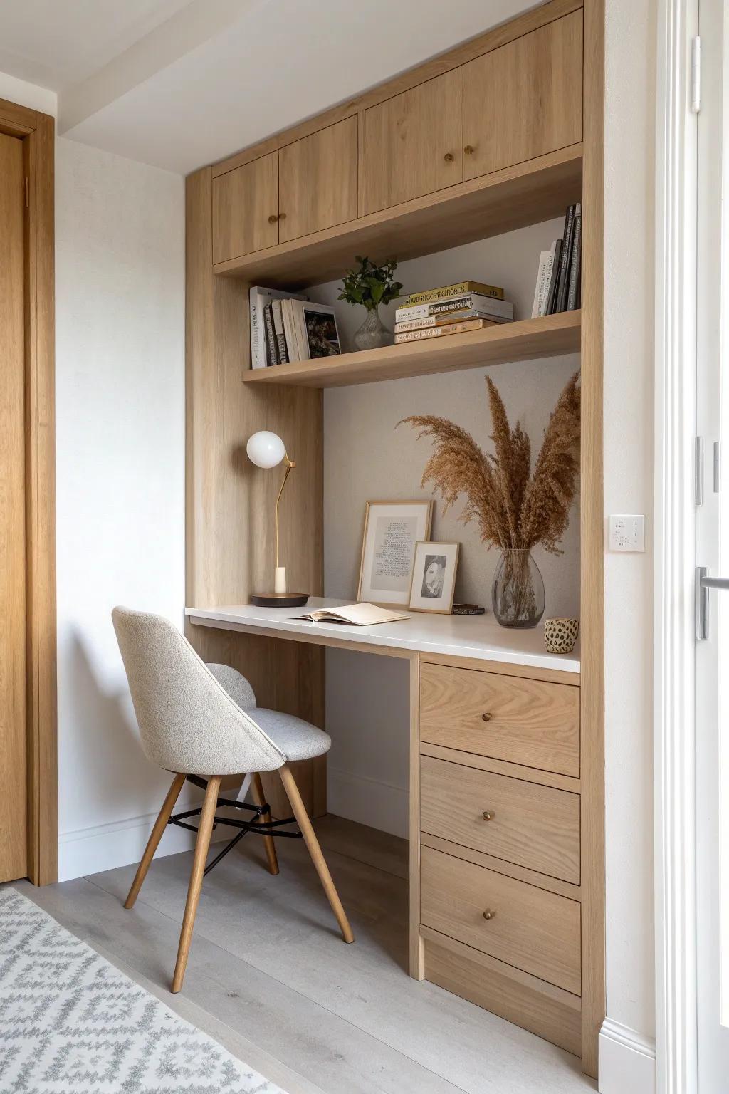 A built-in desk niche with oak shelves—compact, custom-looking, and beautifully intentional.