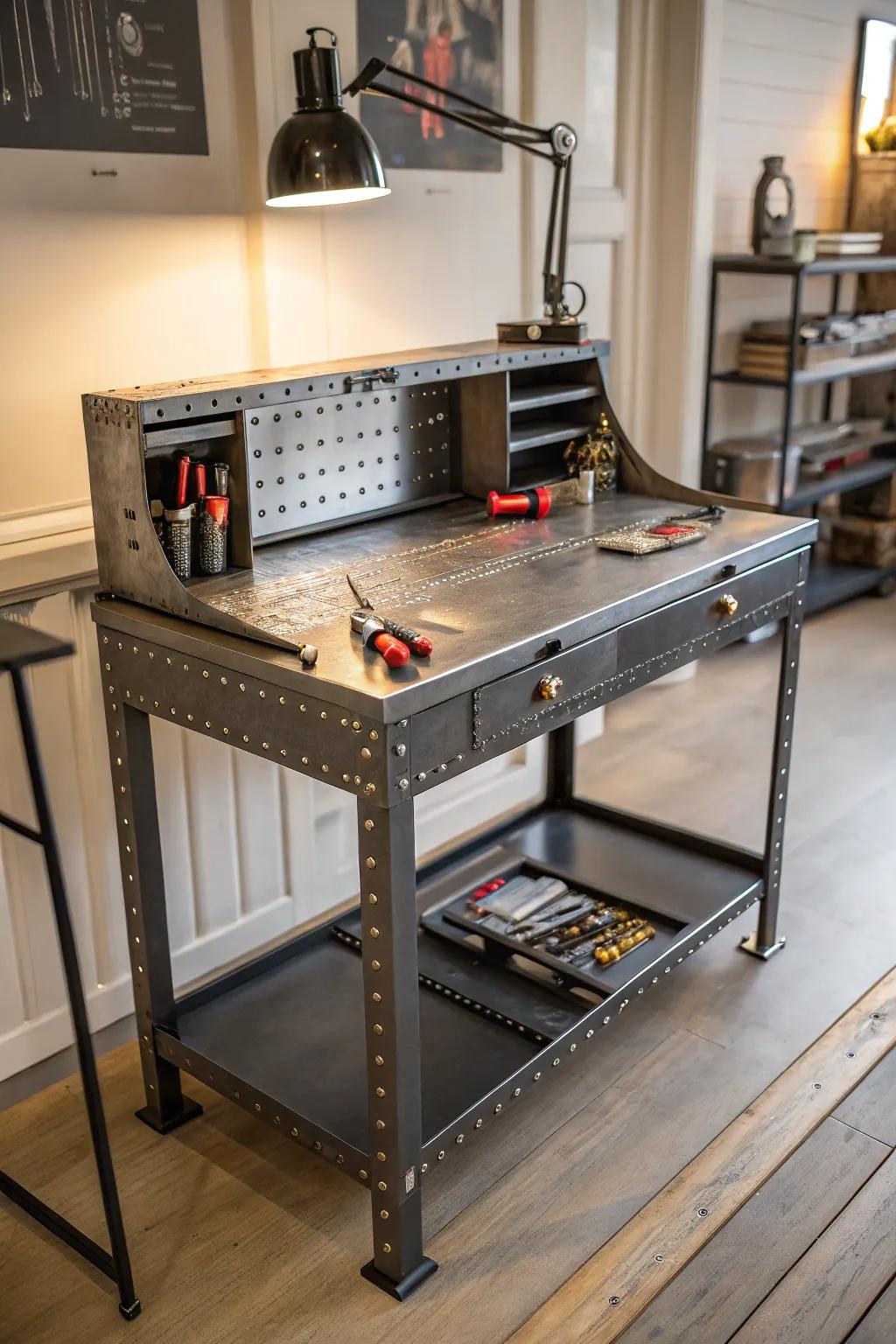 Maximize your creativity in minimal space with this expertly crafted compact metal workbench.