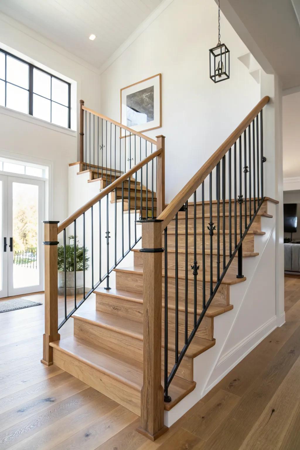 A seamless black steel + oak cap rail that flows from stair to mezzanine for a calm, luxe look.
