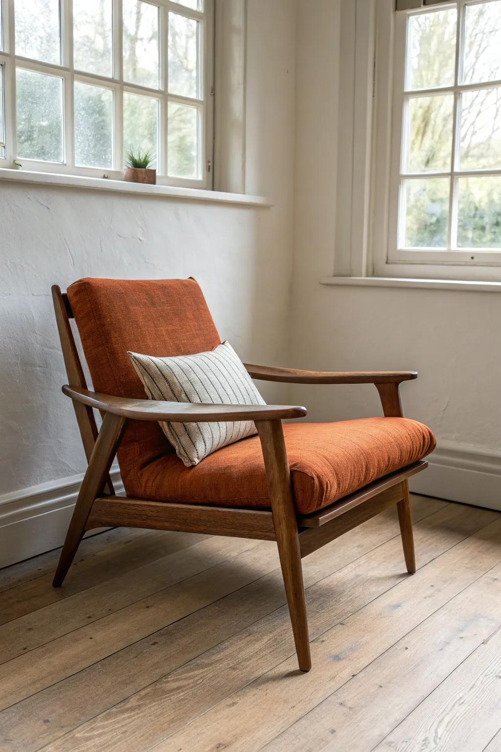 Creamy neutrals + natural wood, punctuated by one bold burnt-orange accent for MCM impact.