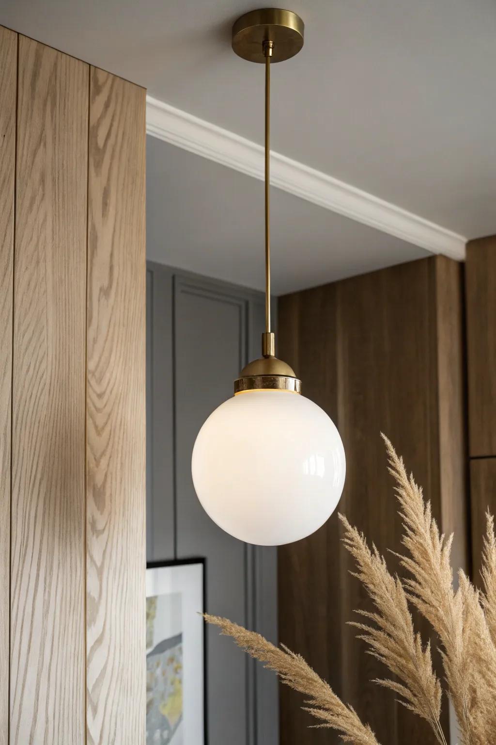 A frosted globe pendant adds soft retro glow and instantly elevates a mid‑century entryway.