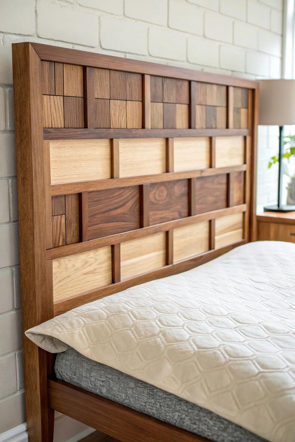 Two-tone wood blocks—light oak over dark walnut—for a cozy, retro mid-century headboard.